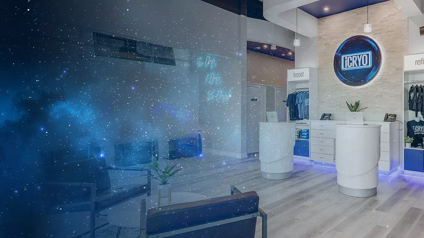iCRYO Grosse Pointe interior showing modern reception area with illuminated logo